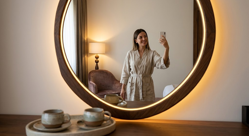 Mujer haciéndose un selfie frente a un espejo circular iluminado
