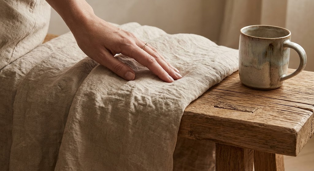 Mano tocando textiles de lino natural junto a una taza de cerámica artesanal