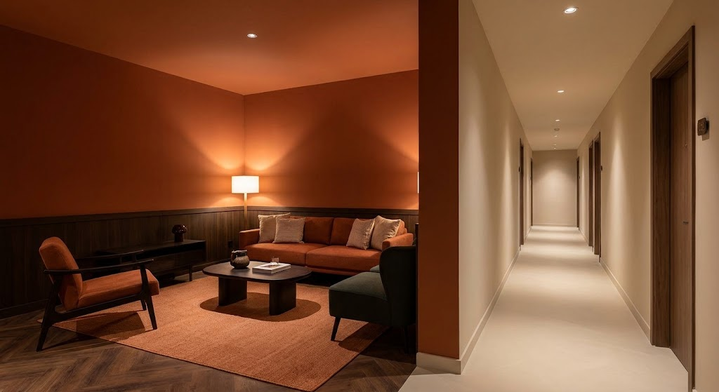 Salón con paredes en tonos terracota y pasillo de hotel iluminado