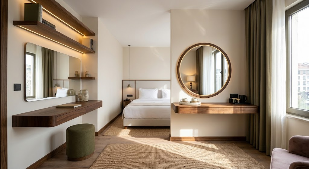 Habitación de hotel con zonificación entre dormitorio y zona de tocador con espejos redondos