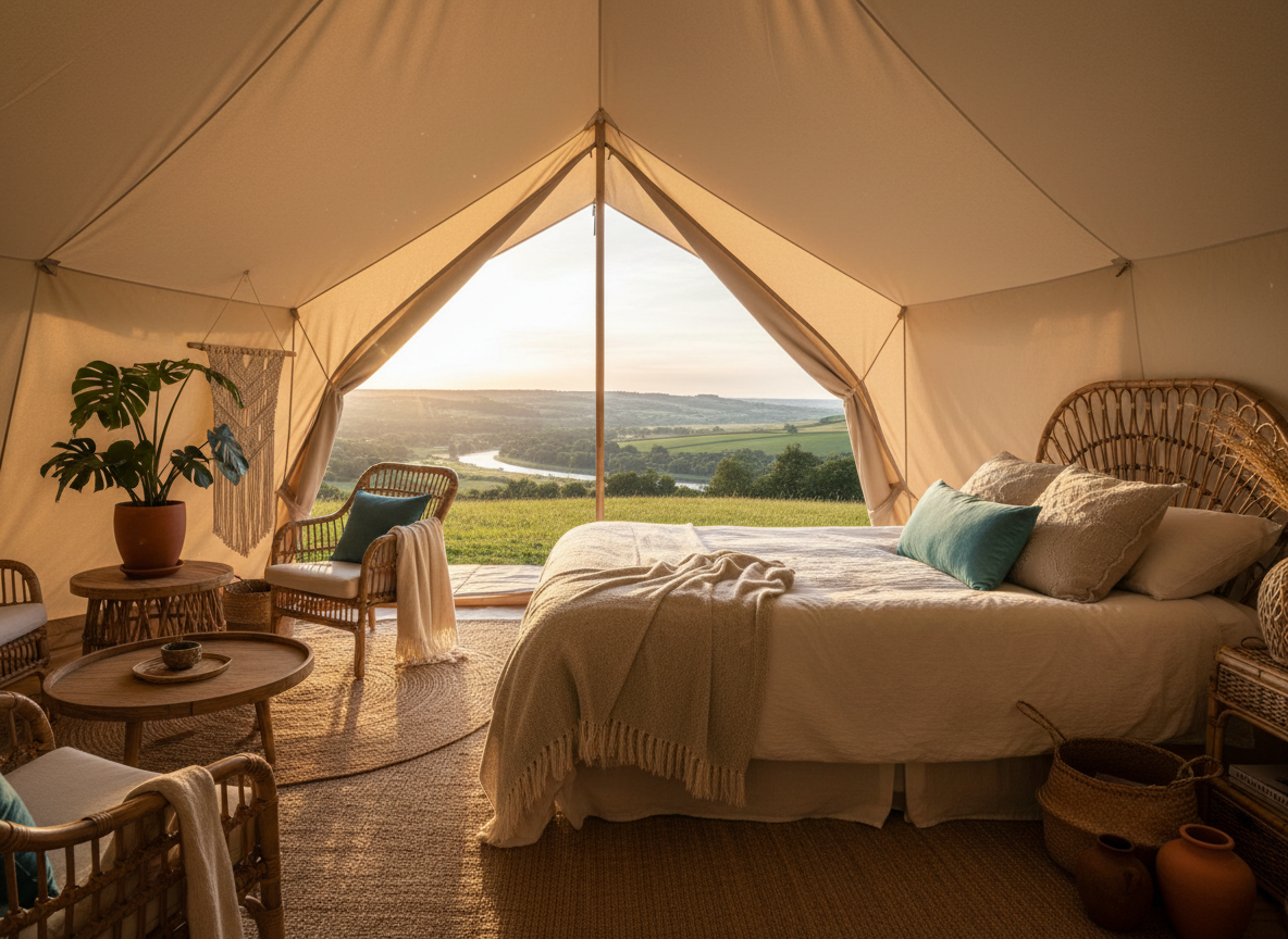 Interior de una tienda de glamping con decoración cuidada y detalles turquesa