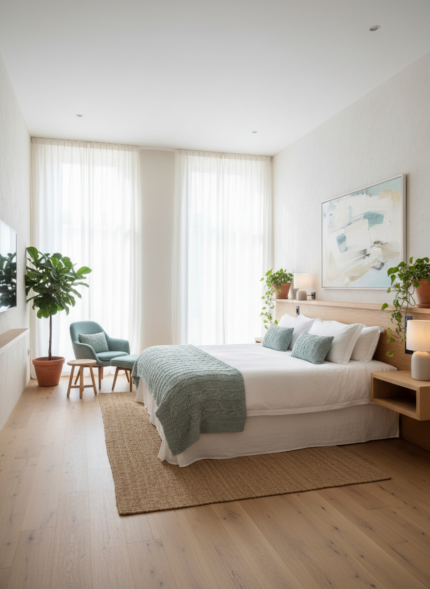 Habitación luminosa de un alojamiento rural con textiles turquesa y madera clara