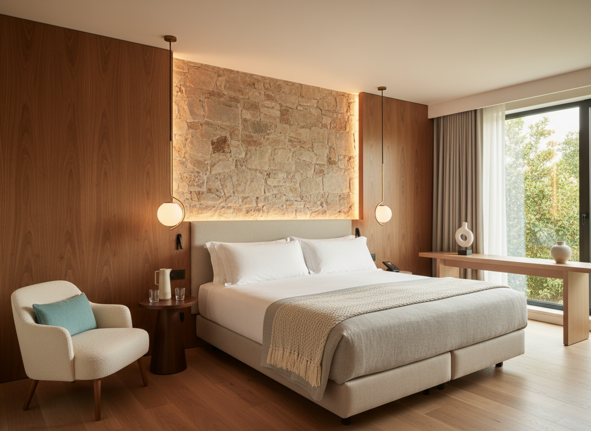 Fotografía realista y atractiva del interior de un hotel boutique contemporáneo: habitación elegante de hotel, cama bien vestida y perfectamente preparada, iluminación cálida y acogedora, materiales naturales como madera y piedra, textiles de calidad, detalles de diseño cuidado y sofisticado. Debe transmitir calidad, confort y una experiencia especial. Composición editorial de interiorismo, sin personas, sin texto, sin logotipos, sin aspecto de vivienda particular y sin elementos de glamping. Mantener una estética limpia y luminosa que combine con una web blanca con pequeños acentos turquesa.